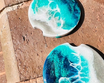 Ocean painted resin car coasters. 2 coasters..Made to order. Drink, automobile supplies, car design, cup holder. Beach painting, ocean waves