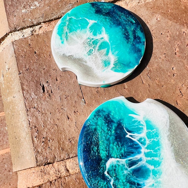 Ocean painted resin car coasters. 2 coasters..Made to order. Drink, automobile supplies, car design, cup holder. Beach painting, ocean waves