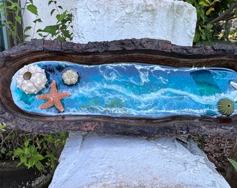 Resin beach wave tray. Trinket, keys, sea urchin, sea shells, beach surfer vibe, housewarming wedding gift, beach lover, ocean wall decor.