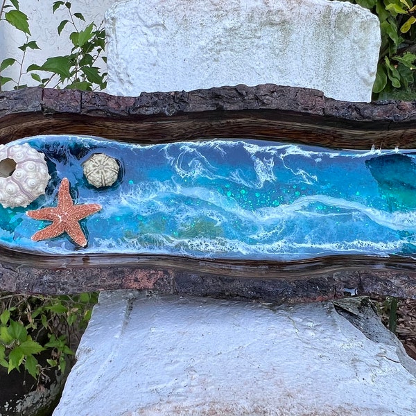 Resin beach wave tray. Trinket, keys, sea urchin, sea shells, beach surfer vibe, housewarming wedding gift, beach lover, ocean wall decor.