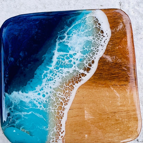 Square ocean coasters made from resin . Listing is for 1 coaster. HandPainted OAK unique, special, beach lover gift, ocean coastal living.