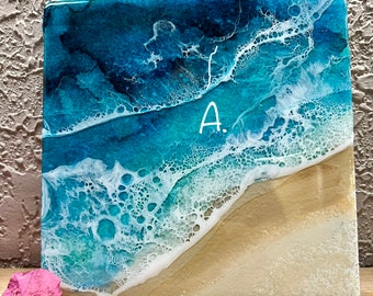Ocean resin painted art tile, trivet, or mini painting. 6x6 office, art, vacation, , beach, vibe, Caribbean, art, souvenir, tropical, art,