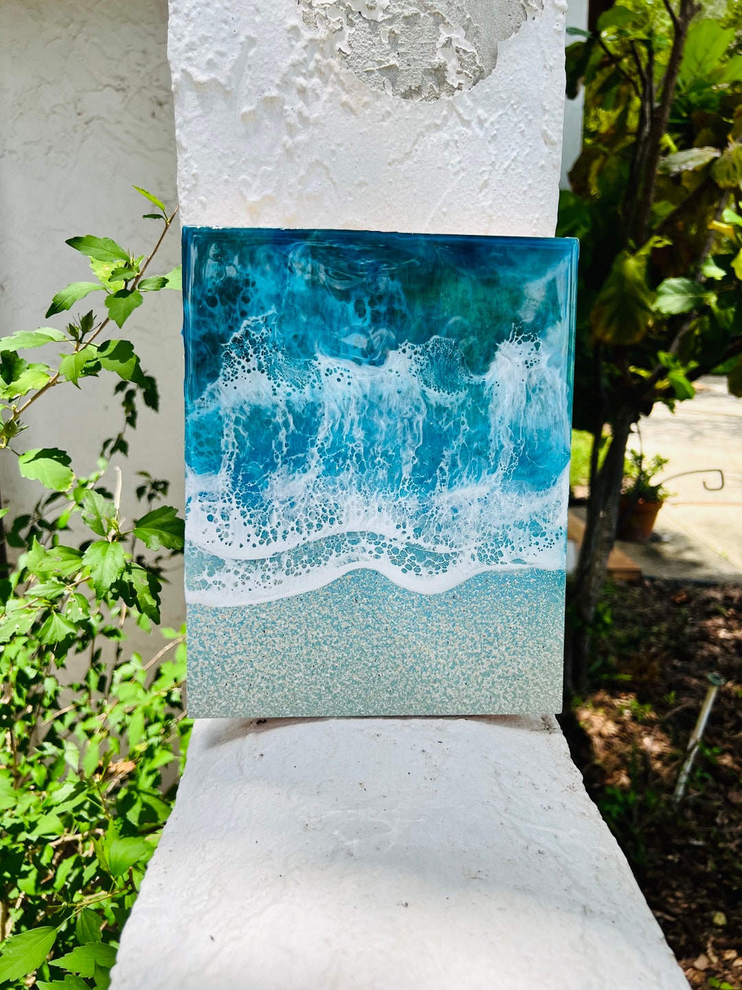 This 10x8 Inch Resin Ocean Wave Painting Has Vibrant Aqua Blues ...