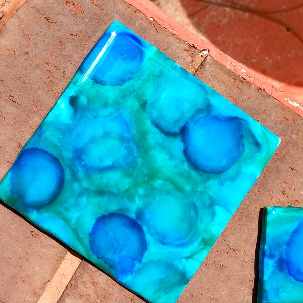 Listing for 1 tile. Bright Greens and Blues/  4x4 inch art tile resin painted coasters