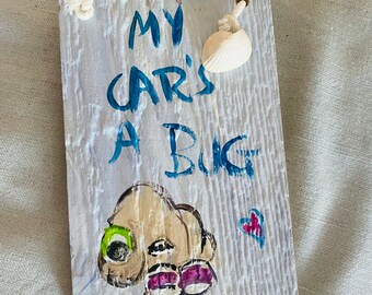 VW Bug Art: Reclaimed Wood Sign with Seashell - 5x8