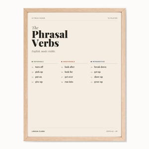 May include: A framed educational poster titled The Phrasal Verbs, English, made visible. The cream-colored print features a list of twelve phrasal verbs categorized into separable, inseparable, and intransitive groups, all enclosed in a light wood frame.