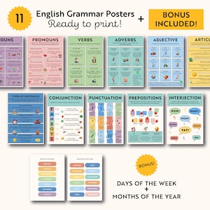 Paquete de pósteres en PDF de gramática inglesa esencial, impresiones de partes del discurso, decoración de pared para el aula de artes del lenguaje, imprimibles para educación en el hogar, regalo para profesores de ESL