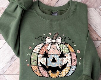 Retro Halloween Pumpkin Sweatshirt, Halloween Pumpkin Face Shirt, Ditsy Floral Shirt, Girly Autumn T Shirt, Checkered bow Pumpkin Shirt