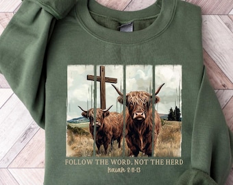 Follow the Word not the Herd Shirt, Christian Shirt, Vintage Bible Verse Shirt, Highland Cow Shirt, Boho Shirt, Christian Country Shirt