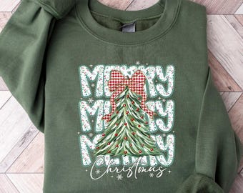 Christmas Tree Bow Shirt, Christmas Sweatshirt for Women, Christmas Tree Tshirt, Christmas Coquette Christmas Shirt