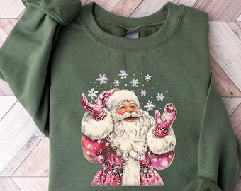Pink Santa Retro Christmas Sweatshirts for Women, Pink Christmas Matching Family Sweaters Pink Holiday Crewneck Group Party Shirt