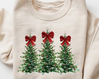 Christmas Tree Shirt, Red Bow Christmas Sweatshirt for Women, Christmas Tree Tee Shirt, Christmas Coquette Christmas Shirt