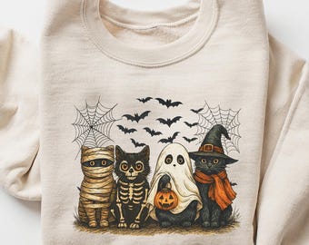 Black Cat Halloween Sweatshirt, Ghots Cat Shirt, Retro halloween T Shirt, Gothic Halloween Cat Mama Shirt, Autumn Black Cat Sweatshirt