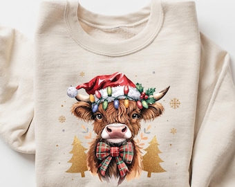 Christmas Cow Sweatshirt, Highland Cow tShirt, Women Cow Christmas Long sleeve, Cow Lover Gift, Farm Christmas Hoodie Gift, Christmas Shirt