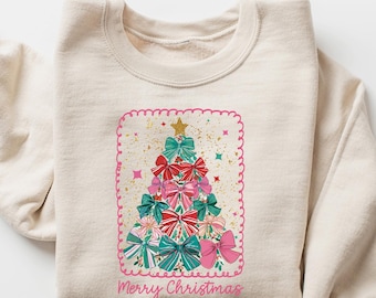 Christmas Tree Bow Shirt, Christmas Sweatshirt for Women, Christmas Tree Tshirt, Christmas Coquette Christmas Shirt
