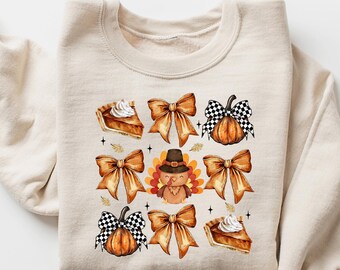Retro Thanksgiving Sweatshirt, Retro Fall Pumpkin Bow Shirt, Fall Coquette Bow Sweater, Turkey Shirt, Autumn Girly Shirt