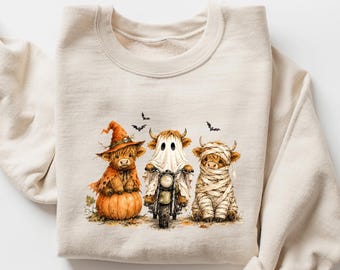 Spooky Highland Cow Sweatshirt Crewneck, Western Gothic Halloween Cow Shirt, Cute Ghost Mummy Tee, Fall Vibes Apparel, Pumpkin Patch Gift