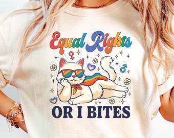 Camiseta "Igualdad de Derechos o Te Muerdo", camiseta "Feminista del Gato", camiseta "Orgullo Arcoíris", ropa para el Orgullo Lésbico y Gay, camiseta "Aliado LGBTQ"