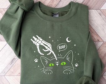 Skeleton Cat Boop Sweatshirt Summerween Crewneck, Spooky Halloween Cat Shirt, Boop The Snoot Gothic Tee, Code Orange Fall Apparel Gift
