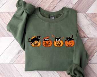 Pumpkin Halloween Sweatshirt, Cat Halloween Shirt, Pumpkin Shirt, Fall Sweatshirt for Women, Black Cat Pumpkin Sweatshirt, Halloween Hoodie