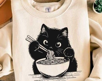 Noodle Cat Shirt, Ramen Cat T-Shirt, Foodie Lover Shirts, Black Cat Noodle T-Shirts, Retro Cat Tees, Cat Lover Sweatshirts, Black Cat Tee