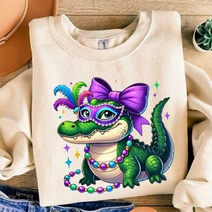 Mardi Gras Crocodile Sweatshirt, Animal Shirt, Women Mardi Gras Costume, Mardi Gras Alligator Shirt, Fat Tuesday Sweater,Mardi Gras Carnival