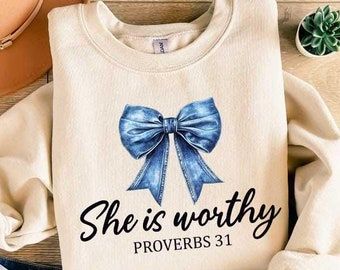 She is Worthy Bow Sweatshirt, Women's Christian Shirts, Cute Christian Coquette Designs, Girly Faith Shirt, Trendy Christian Shirt