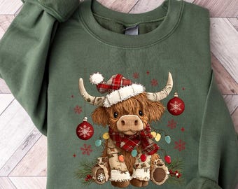 Christmas Cow Sweatshirt, Highland Cow tShirt, Women Cow Christmas Long sleeve, Cow Lover Gift, Farm Christmas Hoodie Gift, Christmas Shirt