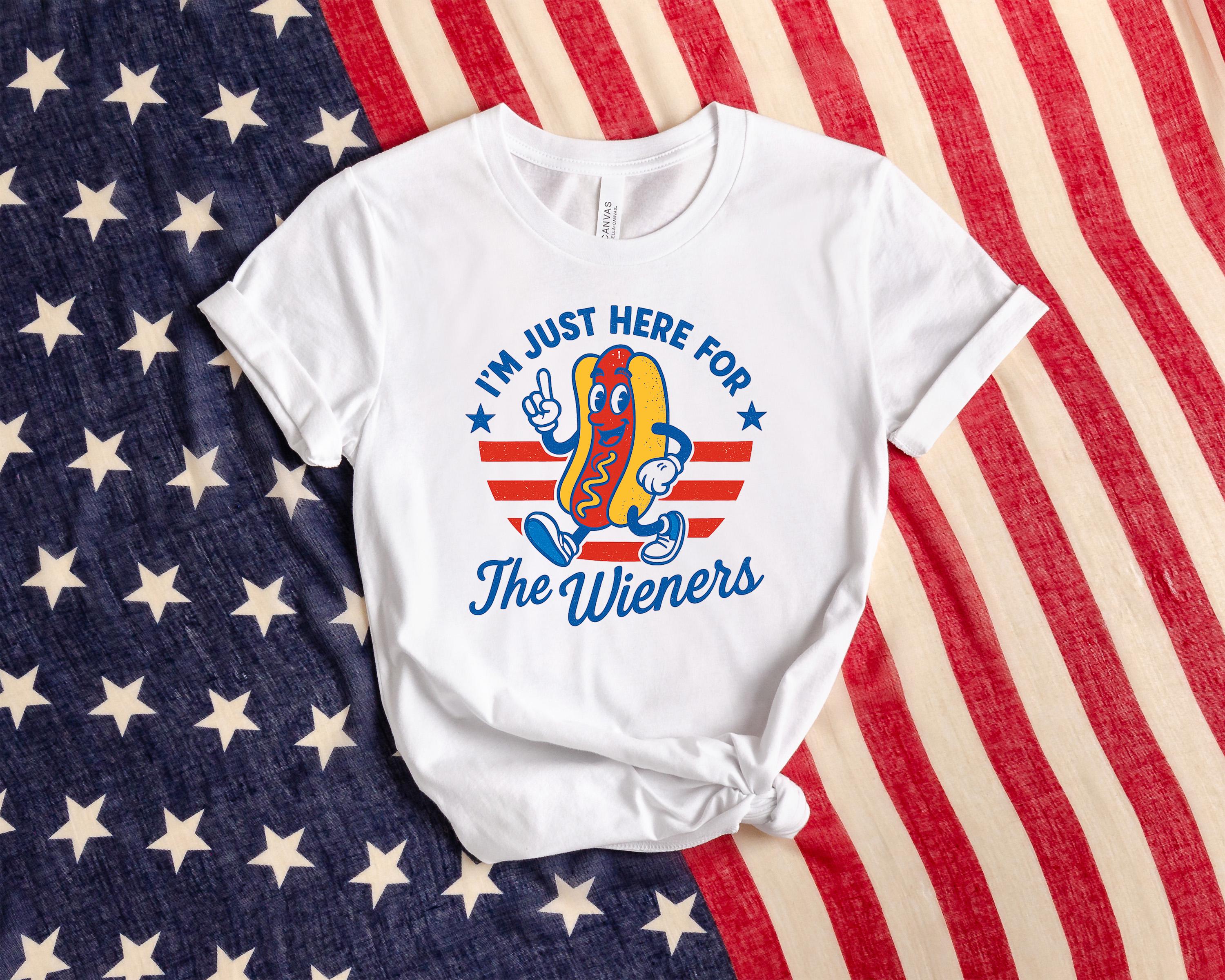 4th of July Just Here For The Wieners T Shirt, Funny Hot Dog Shirt, Independence Day T Shirt, Retro America Patriotic Weenies Shirt