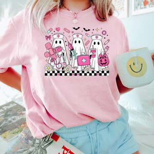 Ghost Nurse Halloween Sweatshirt, Medical Halloween Shirt, Fall Ghost Medical Tee, Nurse Halloween Shirt, Pink Ghost Nurse Shirt image 6