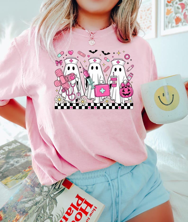 Ghost Nurse Halloween Sweatshirt, Medical Halloween Shirt, Fall Ghost Medical Tee, Nurse Halloween Shirt, Pink Ghost Nurse Shirt image 6