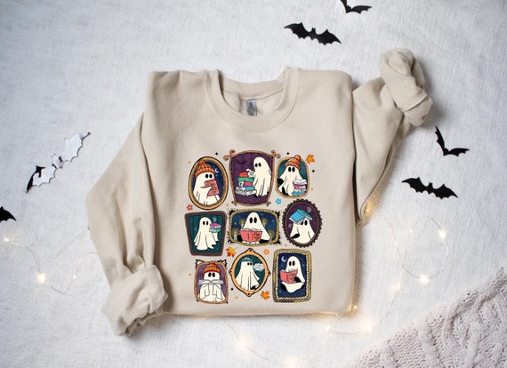 Ghost Reading Books Sweatshirt, Books Lover Halloween Gift, Cute Little Ghost Shirt, Spooky Season, Bookish Ghost, Ghost Coffee Shirt