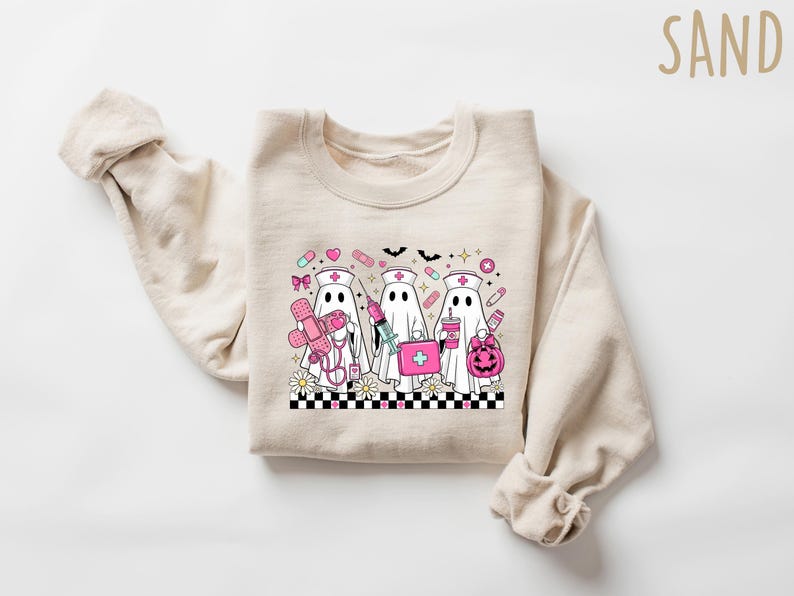 Ghost Nurse Halloween Sweatshirt, Medical Halloween Shirt, Fall Ghost Medical Tee, Nurse Halloween Shirt, Pink Ghost Nurse Shirt image 1