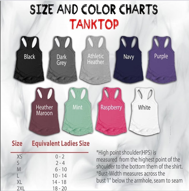 Puede incluir: Una tabla de tallas y colores para camisetas sin mangas, con colores como negro, gris oscuro y azul marino. La tabla incluye tallas XS a 2XL con tallas de mujer equivalentes y detalles de medici&oacute;n.