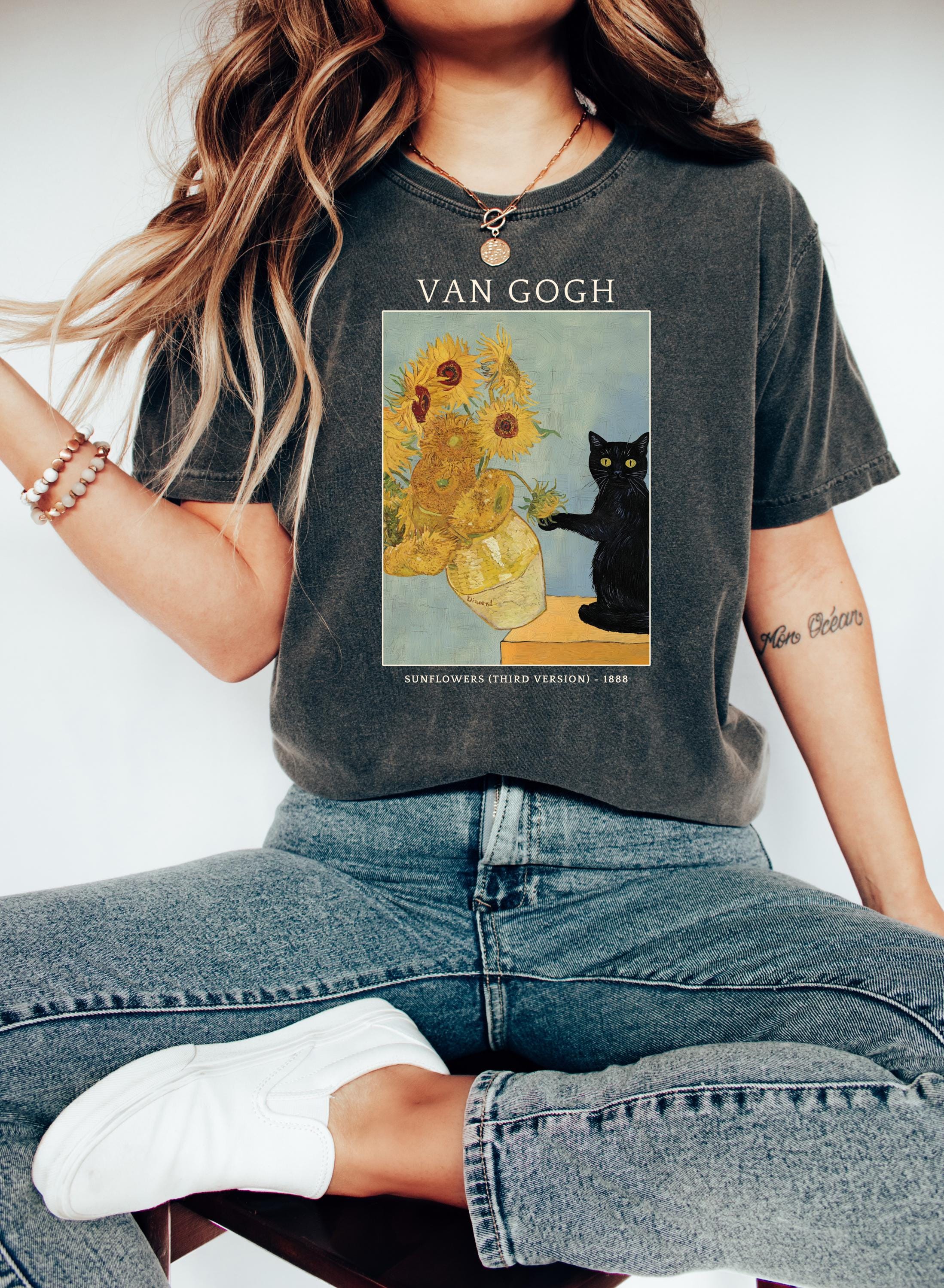 Van Gogh Cat Shirt, Van Gogh Irises Cat Tshirt, Black Cat tee, Funny Cat shirt, Flowers shirt, Ladies Shirts, Funny gift idea