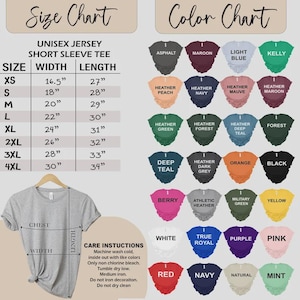 May include: A gray unisex short sleeve tee shirt with a size chart and color chart. The size chart lists measurements in inches, ranging from XS to 4XL. The color chart displays various shirt colors.