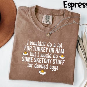 May include: Espresso-colored t-shirt with the text "I wouldn't do a lot FOR TURKEY OR HAM but I would do SOME SKETCHY STUFF for deviled eggs." The shirt has a crew neck and a Comfort Colors tag.