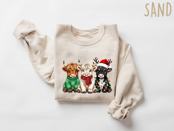 Christmas Cow Sweatshirt, Highland Cow tShirt, Women's Cow Christmas Long sleeve, Cow Lover Gift, Farm Christmas Hoodie Gift, Xmas Shirt