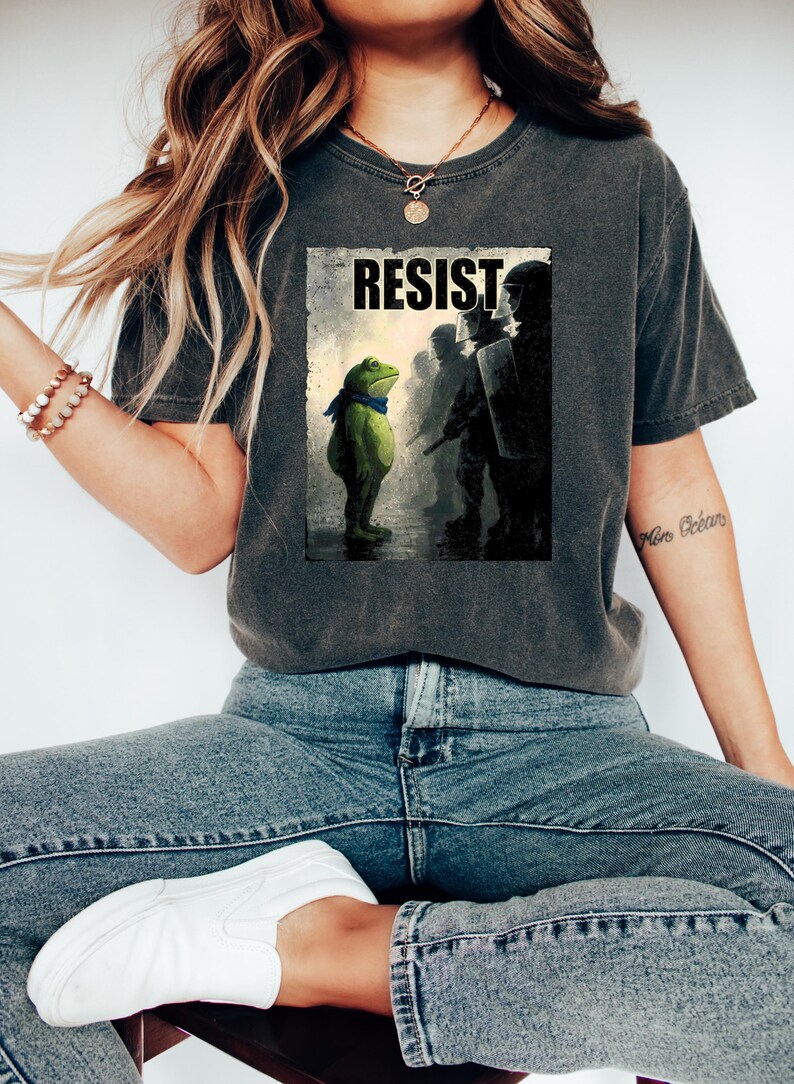 May include: Dark gray t-shirt featuring a graphic of a frog facing a line of riot police, with the word "RESIST" above. The frog wears a blue scarf. The shirt is a comfortable, casual style.