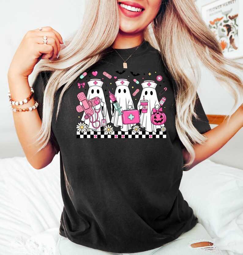 Ghost Nurse Halloween Sweatshirt, Medical Halloween Shirt, Fall Ghost Medical Tee, Nurse Halloween Shirt, Pink Ghost Nurse Shirt image 3