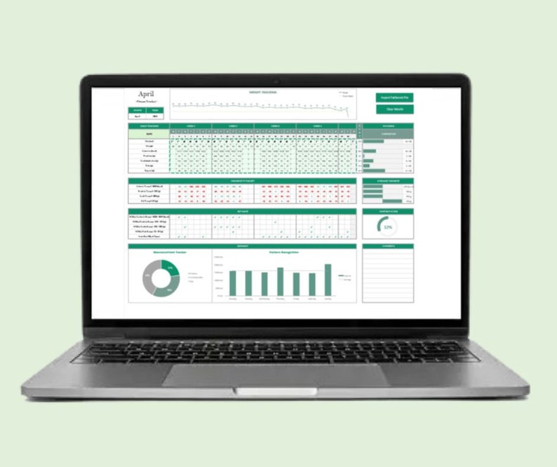 May include: A laptop screen displaying a spreadsheet with a green and white color scheme. The spreadsheet includes a calendar, charts, and graphs. The title of the spreadsheet is "April".