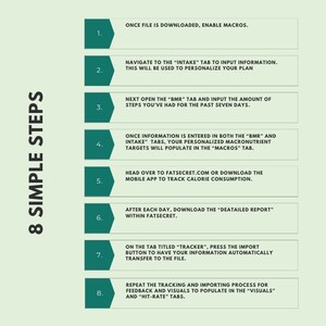 May include: A green and white infographic with eight steps for tracking calorie consumption and macronutrients. The steps are numbered 1 through 8 and include instructions for using the FatSecret app and website.