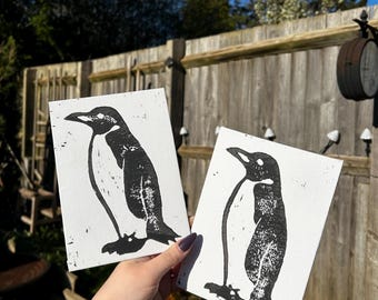 Emperor Penguin Print: handprinted linocut print on canvas board