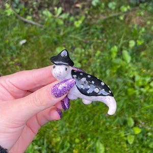 May include: A small ceramic figurine of a creature wearing a black witch hat with white polka dots. The creature is white with black spots and has a black and white striped tail.