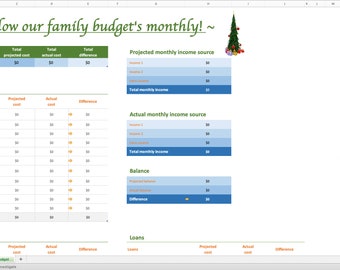 May include: A spreadsheet with a green, orange, and blue color scheme. The spreadsheet is titled "How our family budget's monthly!" and includes sections for housing, transportation, loans, projected monthly income source, actual monthly income source, and balance.