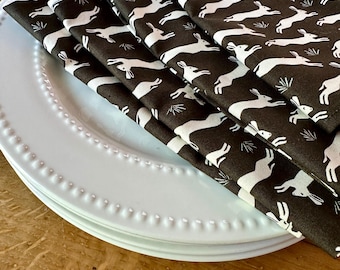 Cotton Napkin Set with rabbits, Forest Green Cloth Napkins, Reusable Dinner Napkins