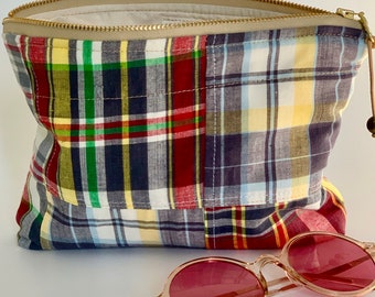 Zipper Pouch, Plaid bag, Madras Plaid, Travel Pouch, Cute Makeup Bag