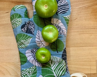 Thick Oven Mitt, botanical leaves in blue and green