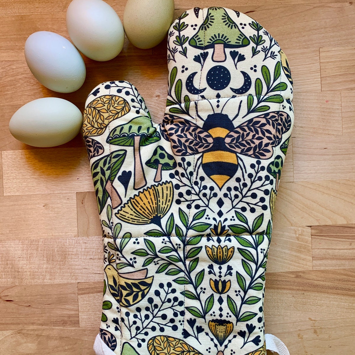 Oven Mitt, Bees, Mushrooms and Butterflies, Cute Oven Mitt, Green Oven Mitt, Unique Kitchen Decor, Yellow Potholder - Etsy