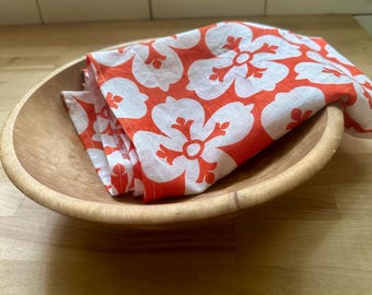 Orange Floral Linen Tea Towel: Retro Kitchen Decor